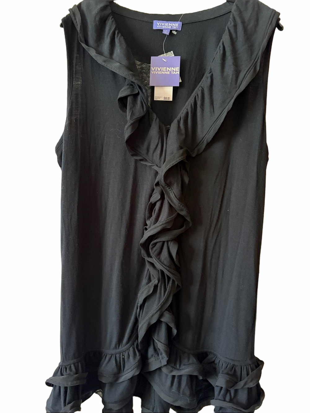Vivienne Tam black ruffled tunic top V-neck cascading ruffles front/ hem XL NWT
